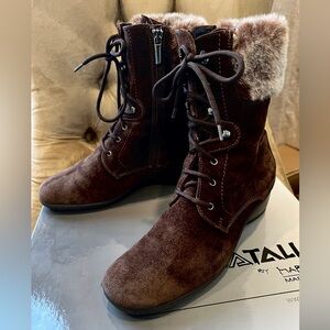 Aquatalia Dark Brown Suede Lace-Up Ankle Boots with Faux Fur Trim